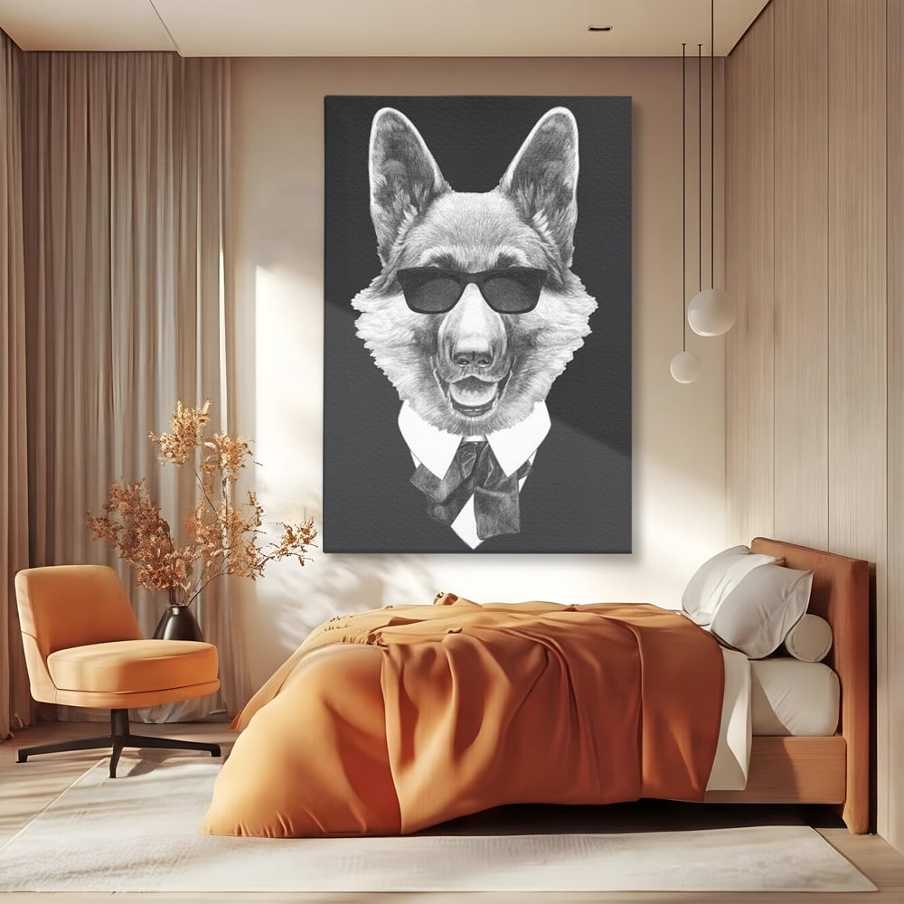 Tablou canvas cu portret ilustrativ caine gentleman, fara rama, pe sasiu de lemn, pe perete intr-un dormitor
